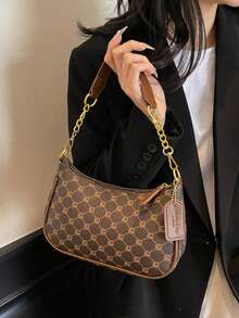 1 件女士纯色 PU 单肩包，多功能腋下包，适合工作通勤，可调节肩带斜挎包链条包腋下包手提包带金属刺绣字母 - 咖啡 - 查看 3