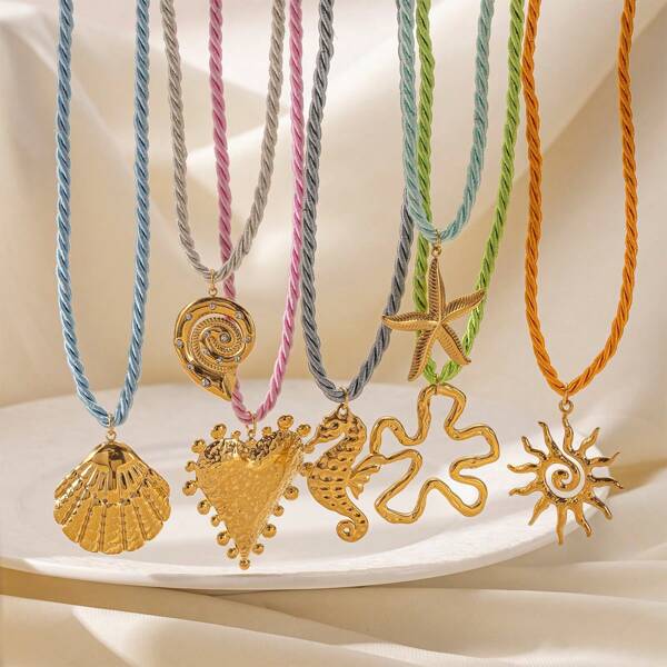 1pc Fashion Minimalist Vacation Style Colorful String Woven Stainless Steel Shell, Starfish, Sun, Heart, Flower Pendant Necklace, Suitable For Women Casual/Holiday Wear
