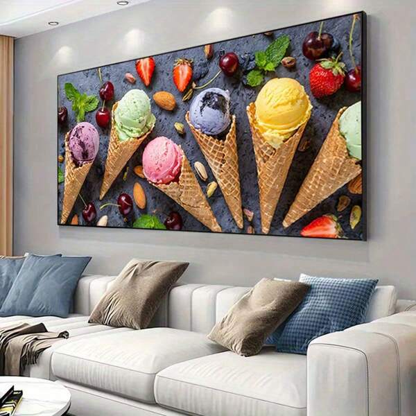 1 No Framed Modern Ice Cream Canvas Poster -Colorful Ice Cream Cone With Fresh Fruits And Nuts Design Is Perfect For Bedroom And Living Room Decor, Bedroom Wall Art Playful Room Decor Vivid Print Quality, Ice Cream Decor