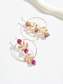 1 par de brincos elegantes da moda feminina, design circular de metal vazado com flor rosa e formato de folha dourada, adequados para uso diário e festivais, acessório sofisticado