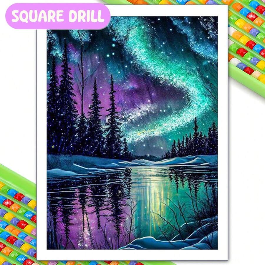 5D Diamond Painting Aurora Forest Scenery Mosaic Embroidery Cross Stitch Set Full Square Diamond DIY Home Decor Gift 30x40cm - Square Drill - 查看 1
