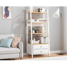 Estantería alta con 2 cajones de almacenamiento, Estantería de 4 niveles, Estante de exhibición, Estante de almacenamiento de madera y metal para sala de estar, dormitorio, oficina en casa - Blanco - Ver 7