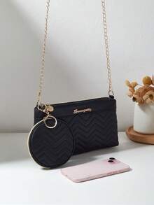 2 Pieces Set Women Quilted Shoulder Bag & Small Square Crossbody Bag - Black - View 4