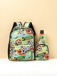 3PCS Back To School Backpack Travel Bag, Fashionable And Casual Cute Cartoon Football Print Travel Bag, Including Chest Bag, Luggage Bag, Clothing Storage Bag, Large Capacity Combination Bag. Suitable For Daily School, Very Suitable For Campus, Class, Photo, And Birthday Gifts For Friends. Suitable For Daily Business Trips, Outdoor Travel, Going Out, Outdoor Leisure Sports And Other Daily Use. Zipper And Print Positions Are Random.