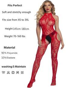 Sexy Women's Fishnet Bodystocking Lingerie Set Floral High Elasticity Cutout Spaghetti Strap Hollow One Size Fits - 紅色12 - 查看 2
