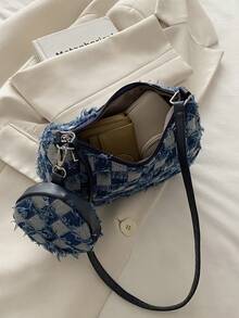 夏季新款日常休闲女包，复古时尚小容量布艺方包带拉链开口，带拉链开口零钱包，轻巧极简单肩腋下包 - 淺藍色 - 查看 6