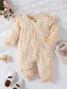 MommBaby Pelele para bebé recién nacido niña con estampado floral, cuello con volantes y abotonadura delantera de manga larga, estilo pastoril lindo y casual para primavera y otoño