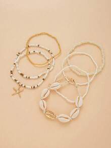 7件套波西米亚风贝壳串珠手链，配海星吊坠，女士手链套装 - 白色 - 查看 3