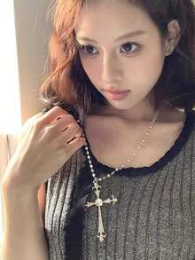 1pc Ascension Day Cross Crystal Beaded Necklace, Black Metal Material With Zirconia Inlaid, Goth Style Suitable For Women Daily Wear - Black - View 8