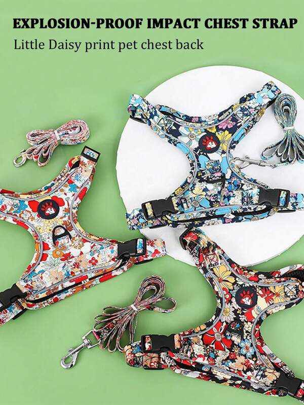 1pc Daisy Flower Print Pet Harness Set, Daisy Flower Print Pattern, Summer Breathable Mesh Material With Reflective Stripe, Adjustable Non-Choke Cat/Dog Harness And Leash Set, Suitable For Small/Medium Pets