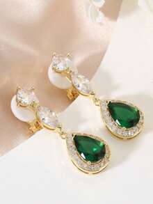 2 件复古宫廷风格水滴形绿色泪珠长夹耳环，适合婚礼和派对