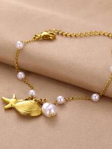 Tornozeleira de aço inoxidável com pingente de estrela do mar e pérola falsa Boho, tornozeleiras e pulseiras banhadas a ouro 18K com estampa de vida marinha antidesbotamento, joias para férias na praia, acessórios para festa, presentes para melhor amiga/mãe