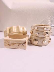 1 pieza Nuevo brazalete de resina geométrica con teñido anudado en beige, asimétrico con concha y perla, joyería llamativa y gruesa, adecuado para fiestas, vacaciones y uso diario
