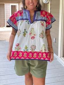 Women Y2K Floral Patchwork Fly Sleeve T Shirts V Neck Loose Fit Striped Trim Vest Shirts Summer Casual Going Out Tank Tops Party Streetwear - 紅白色 - 查看 2