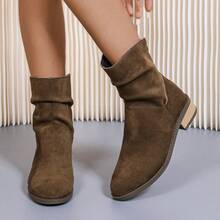 Nuevas botas cortas de mujer de estilo occidental, de unicolor, con cierre trasero, de moda retro europea y americana, para el otoño - Marrón - Ver 4