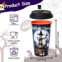 4 vasos de plástico con temas de Halloween, con diseños de murciélago, fantasma, calabaza y calavera araña, de 16 onzas, reutilizables, con tapas y pajitas, ideales como regalos de Halloween y suministros para fiestas de cumpleaños - Ver 2