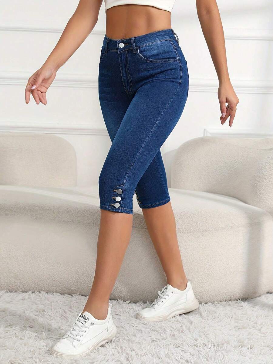 Womens Summer High Waist Tight Fit Stretch Jogger Pants With Pocket Decorative Button Details Stylish Womens Denim Pants - Rửa trung bình - Xem 1