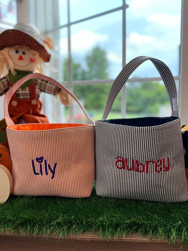 Personalized Embroidered Tote Bag - Cute Halloween Candy Bag With Embroidered Name – Trick Or Treat Bubble Gauze Tote, Xmas & Easter Gift Bag,Home With Accessible Solutions,Warm Ambience,Home & Living,Customized Storage Basket