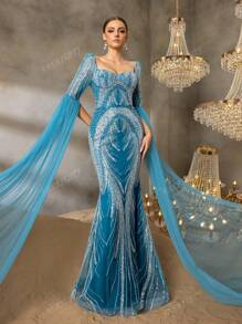 Faeriesty Faeriesty Elegant Evening Gown With Heart-Cut Neckline & Ethereal Sheer Sleeves - Mermaid Silhouette Formal Dress With Embellished Train - For Red Carpet Galas, Luxury Weddings, Diplomatic Balls