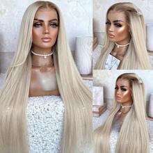 36 Inch Long Straight Blonde Human Hair Lace Front Wigs Ash Blonde Ombre Colored Glueless 13x4 HD Lace Wigs With Baby Hair Pre Plucked Natural Hairline Long Straight Human Hair Wigs For Women - 28英寸 - 查看 3