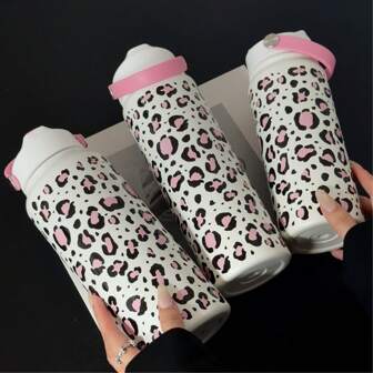 Large Capacity 600/800/1000ml Stylish Leopard Print Stainless Steel Insulated Water Bottle - Sturdy, Perfect For Camping, Picnics, Parties, Sports, Office Essential, Summer Hydration, Ideal Gift For Birthdays And Holidays, Keeps Drinks Hot Or Cold