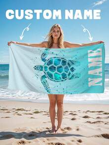 Toalha de praia personalizada com estampa de tartaruga marinha azul - Design de praia, superabsorvente e de secagem rápida, perfeita para praia, piscina, camping e viagens, essencial para praia | Tema tartaruga marinha | Toalha de poliéster, acessório de praia, adequada para todos os feriados - Multicolorido - Ver 2