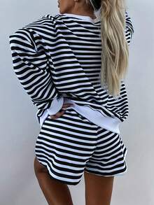 Spring And Summer Fashion Classic Stripes Comfortable Loose V-Neck Long-Sleeved Top Comfortable Shorts Casual Fashion Casual Suit - 黑色 - 查看 5