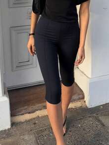 Women's Casual Elegant Versatile Commuting Black Slim-Fit 3/4 Pants, Suitable For Music Festivals, Concerts, Parties, Casual Daily Wear, Young Girls, Spring/Summer - Black - View 7