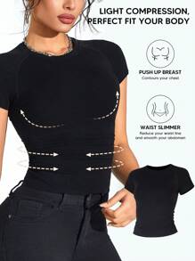 1 Pieza Parte superior tipo corsé fruncido para mujer, en fibra de bambú de manga corta, ajustado, transpirable y cómodo, camiseta de control de silueta