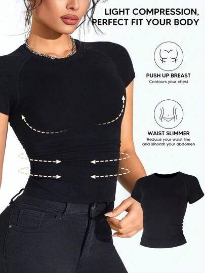 1 pièce Hauts de corset côtelé pour femmes, hauts manches courtes en fibres de bambou ajustés, respirants et confortables, T-shirts de maintien de la forme corporelle