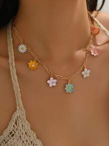 1pc Elegant Colorful Flower Pendant Necklace, Fashion & Romantic Women Jewelry Accessory, Suitable For Daily Wear, Dating, Party, Dinner