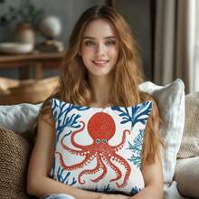 4pcs Colorful Marine Life Decorative Pillow Covers, 45cm - Coastal Charm Throw Pillow Cases With Lobster, Crab, Octopus And Coral Patterns, For Sofa, Bed, Living Room - Soft Polyester, Zipper Closure, Hand Wash Only (Pillow Insert Not Included)