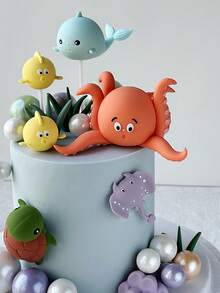 1pc Undersea World Cake Decorations, Ocean Series Octopus, Turtle, Whale, Stingray, Bubble Fish, Coral Decor For Baby Shower, Birthday Party, Dessert Table Decor - Multicolor - View 1