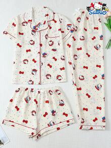 Sanrio 3件套女士春夏迷你波点三丽鸥Hello Kitty Polo领短袖纽扣口袋上衣和蝴蝶结裤子/短裤睡衣套装，适合居家穿着，秋冬服装