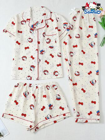 Sanrio 3件套女士春夏迷你波点三丽鸥Hello Kitty Polo领短袖纽扣口袋上衣和蝴蝶结裤子/短裤睡衣套装，适合居家穿着，秋冬服装