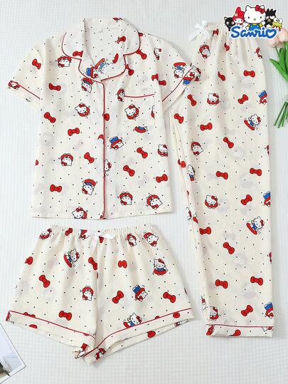 Sanrio 3pcs/Set Women's Spring/Summer Mini Polka Dot Sanrio Hello Kitty Polo Collar Short Sleeve Button Pocket Top And Bow Tie Pants/Shorts Pajama Set, Suitable For Home Wear, Fall Clothes