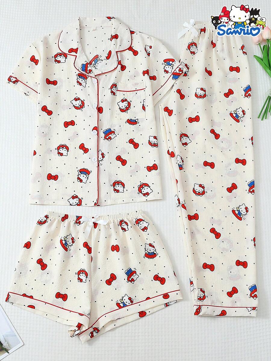 Sanrio 3件套女士春夏迷你波点三丽鸥Hello Kitty Polo领短袖纽扣口袋上衣和蝴蝶结裤子/短裤睡衣套装，适合居家穿着，秋冬服装