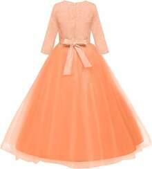 Flower Vintage Floral Lace 3/4 Sleeves Floor Length Dress Wedding Party Evening Formal Pegeant Dance Gown - Quả cam - Xem 5