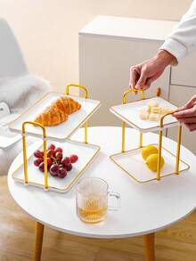 1pc Double Layer Square Tray With Handle, Modern Design, Suitable For Tea Sets, Glassware, Candies, Cookies, Pastries, Wedding, Party, Gift Giving, Birthday - White - View 3