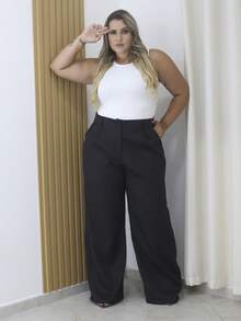 Tailored Wide Leg Trousers Plus Size 46-52 With Pocket, Zipper And Button Closure 8819 - 黑色 - 查看 1