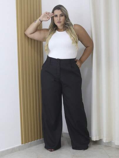 Calça Pantalona Alfaiataria Plus 46-52 Com Bolso Fechamento Zíper e Botão 8819