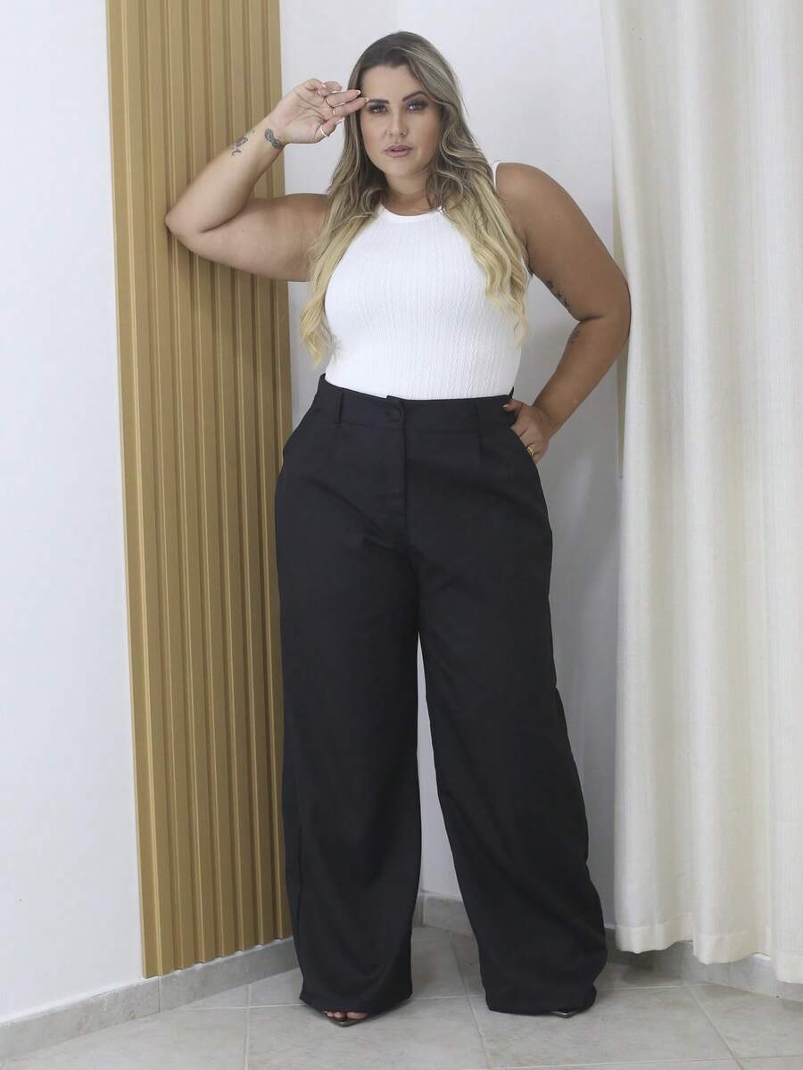 Tailored Wide Leg Trousers Plus Size 46-52 With Pocket, Zipper And Button Closure 8819 - 黑色 - 查看 1