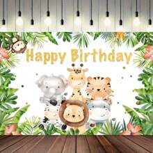1pc Jungle Animal Birthday Party Background Jungle Animal Birthday Background Hunting Animal Theme Happy Birthday Party Decoration Jungle Hunting Rainforest Palm Leaf Birthday Party Banner