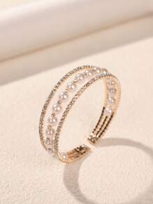 1 pièce Bracelet élastique avec 3 rangs de cristaux artificiels et de perles, de conception européenne et américaine, élégant pour les mariées et les mariages
