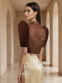 1 Piece Of Women's Elegant Bubble Sleeve Short Sleeved Shirt Top Bolero Filipiniana For Women - Brown - View 2