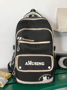 Casual Large Capacity Zipper Letter Cat Multi-Pocket Backpack, Unisex College Style Student Schoolbag Suitable For School, Shopping, Travel