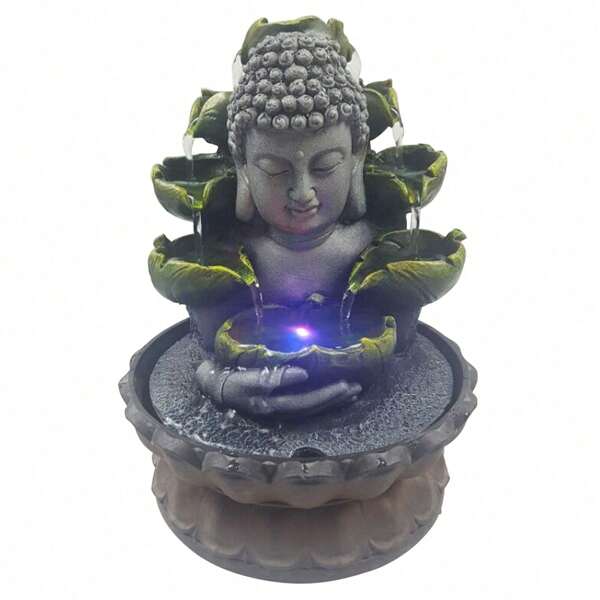 Zimmerbrunnen Buddha mit Beleuchtung LED Tischbrunnen Wasserfall Innen und Außen Gartenbrunnen Harz 4 Farben Licht Wasserbrunnen Simulation Steingarten Luftbefeuchter Deko
