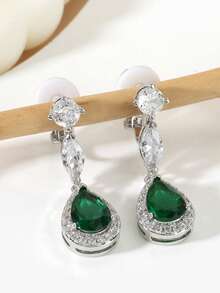 2 件复古宫廷风格水滴形绿色泪珠长夹耳环，适合婚礼和派对