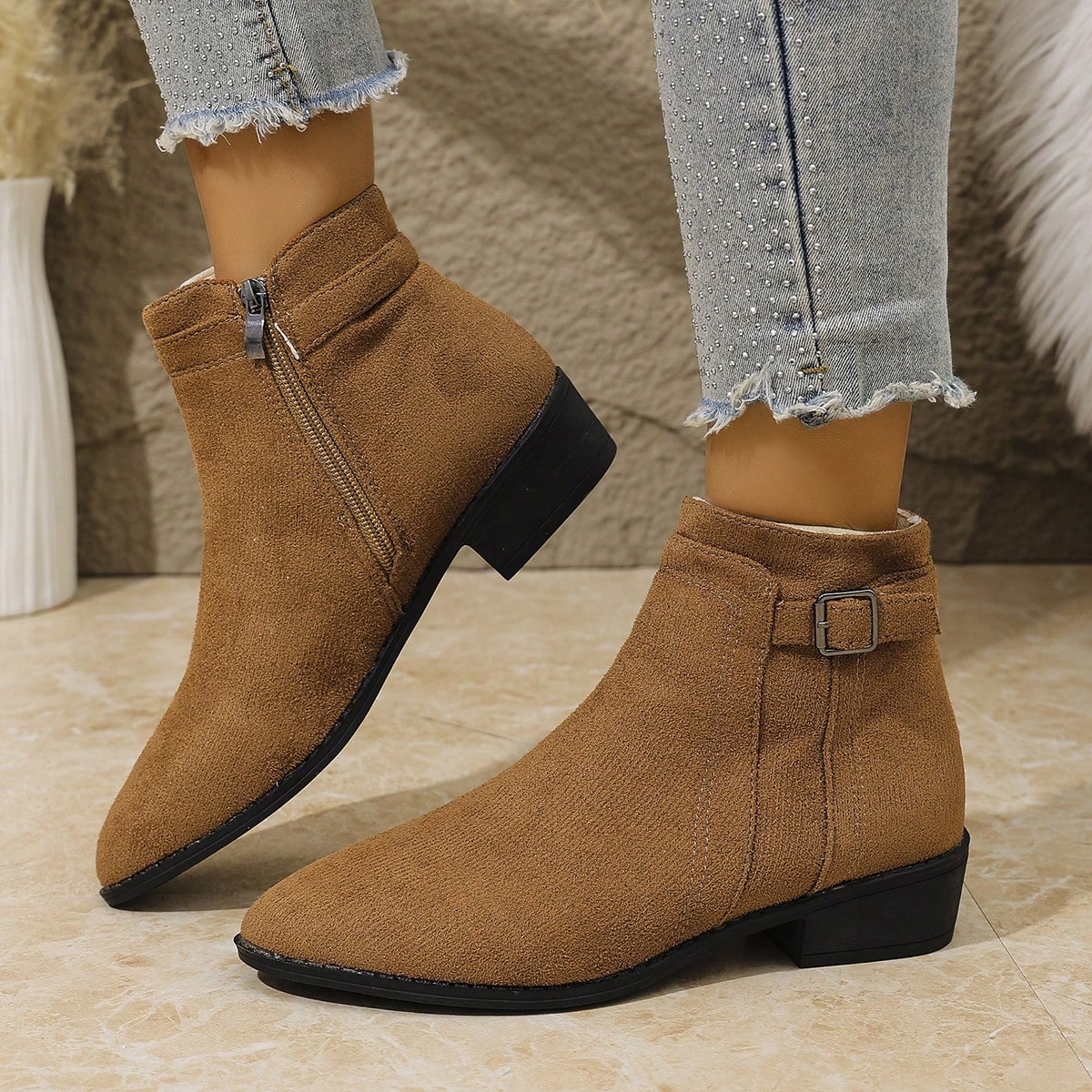 Damen Einfarbige Chelsea Ankle Boots mit dickem Absatz, Schnalle und Reißverschluss, lässig vielseitig für Herbst/Winter - SHEIN - Modalova