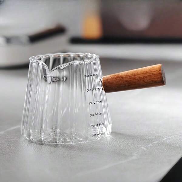 1 Scale Milk Jug 6.09 Oz Borosilicate Glass Home Italian Coffee Cup, Heat-Resistant And Cold Resistant With Wooden Handle, Reusable Measuring Cup Suitable For Brewing Coffee And Tea, Hand Wash Only